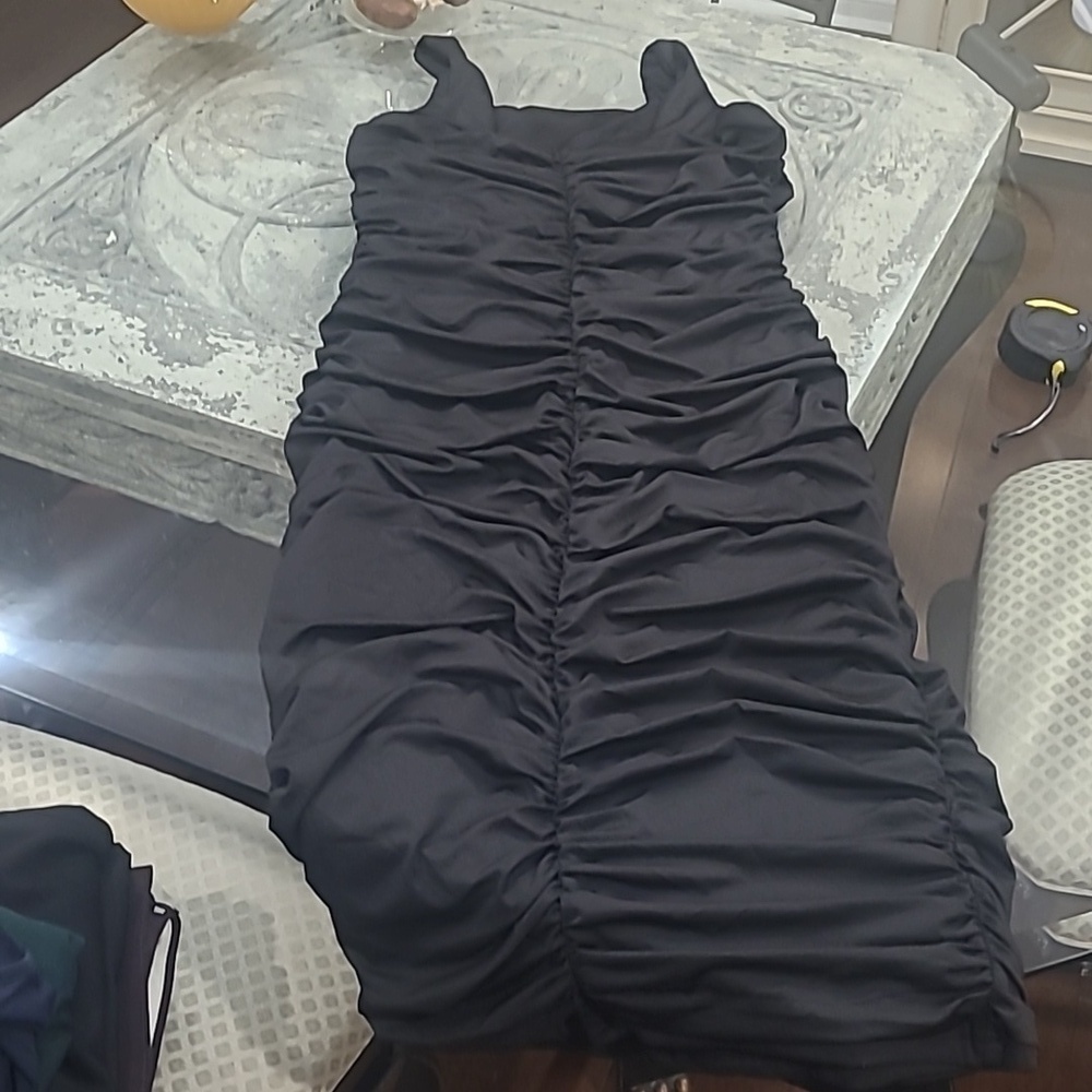 Women's fully ruched black strappy bodycon dress Large new